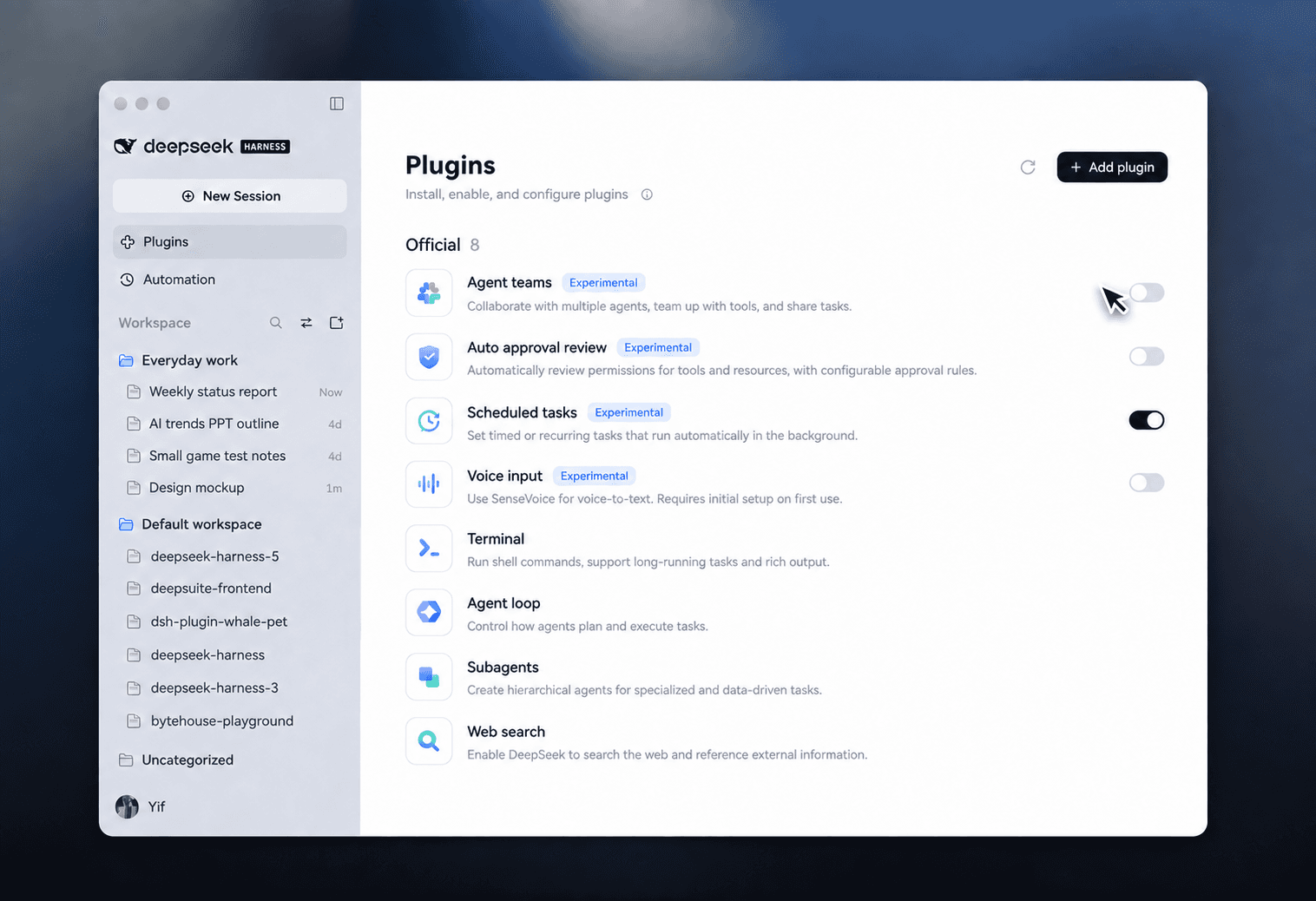 Englische Nachbildung der Harness-Desktop-Pluginverwaltung mit installierten Plugins und Einstellungen