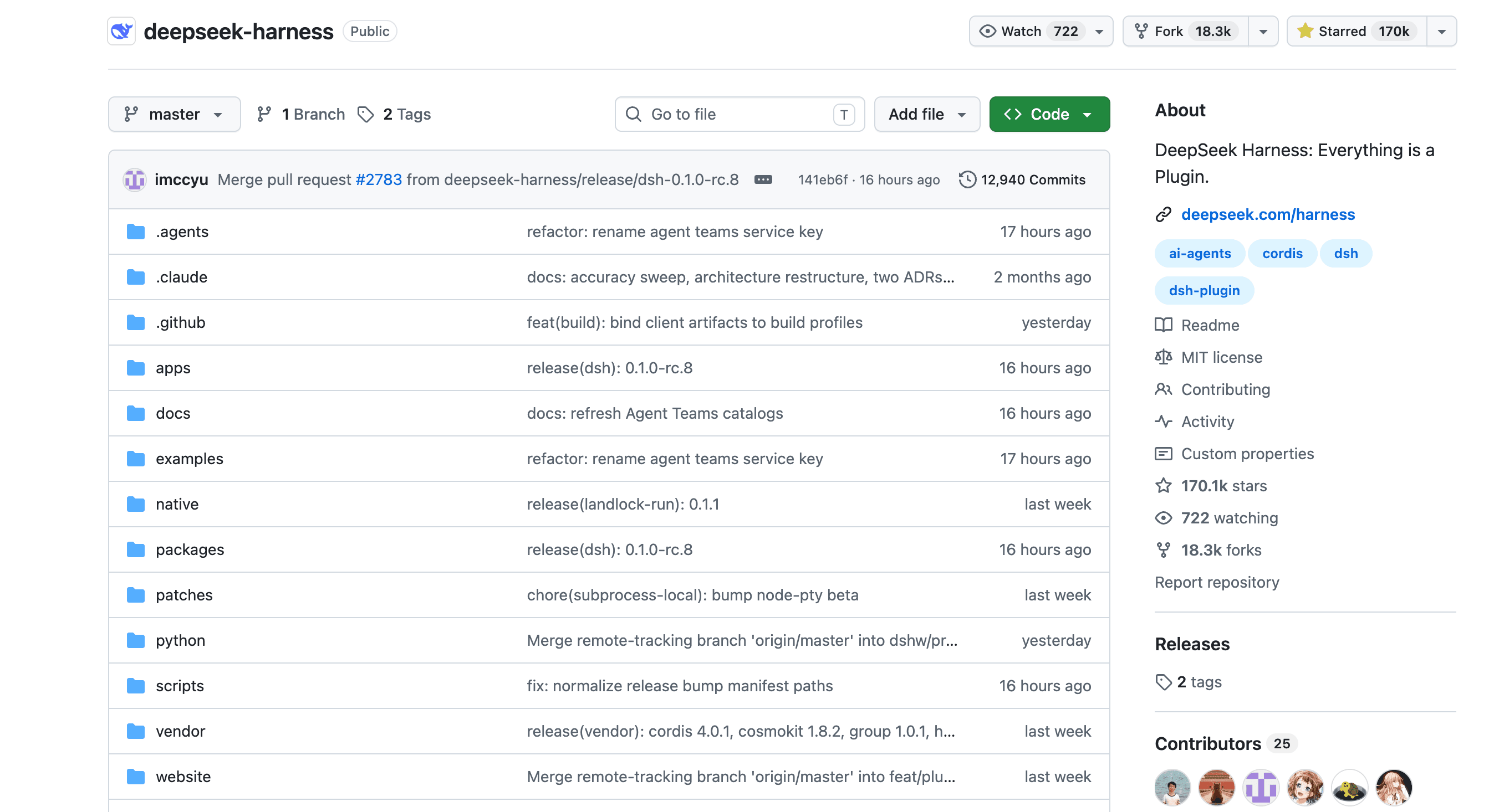 Official DeepSeek Harness GitHub repository page showing the RC.8 release commit