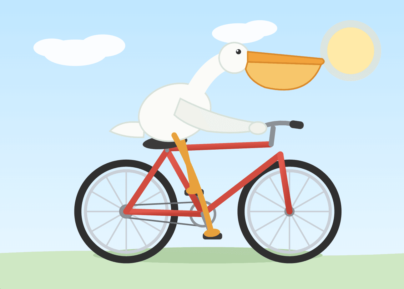A white pelican pedaling a red bicycle under a blue sky