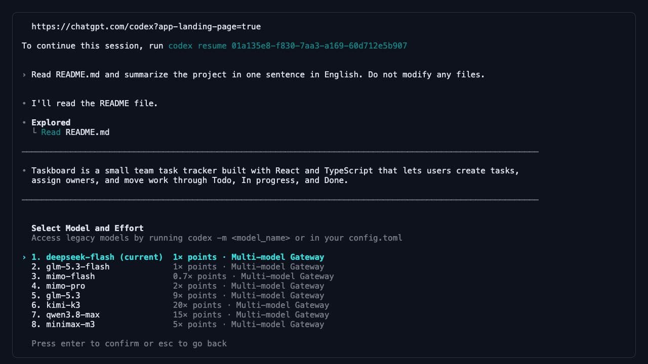 Codex CLI picker listing all eight gateway models and their points rates