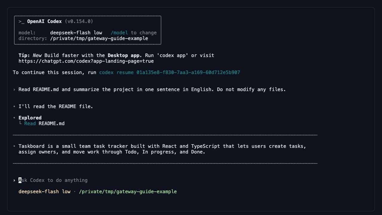 Codex CLI reading README.md and summarizing the project with DeepSeek Flash