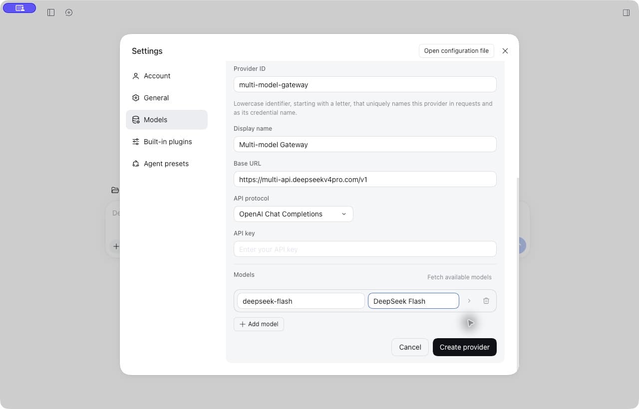Harness form showing the DeepSeek Flash model ID and display name