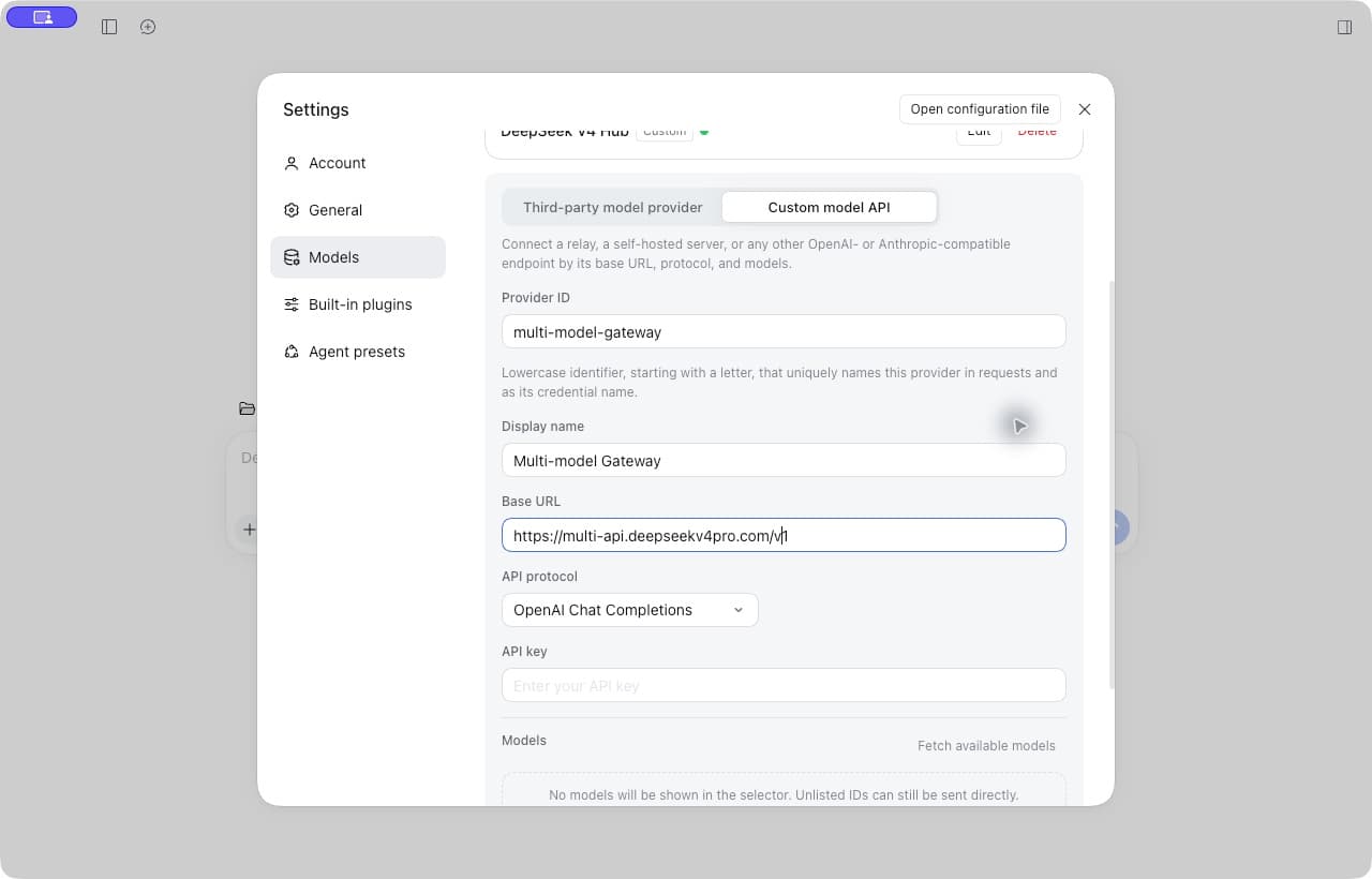 Harness custom provider form with the gateway base URL and Chat Completions protocol