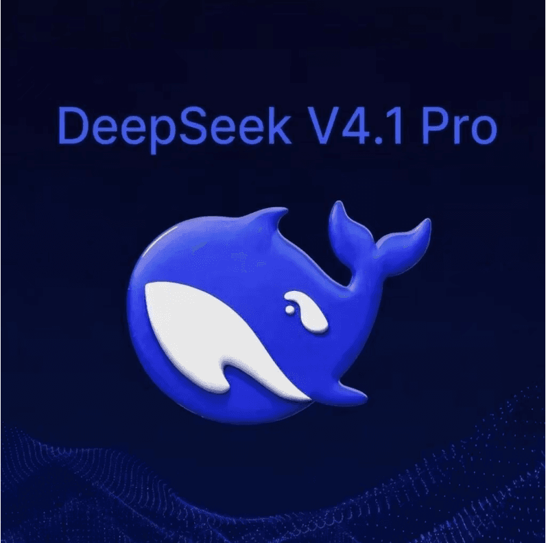 Blue whale illustration beneath the words DeepSeek V4.1 Pro on a dark background