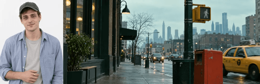 Two reference images given to Kling 4.0: a portrait of a man in a cap and a rainy New York street with a yellow taxi