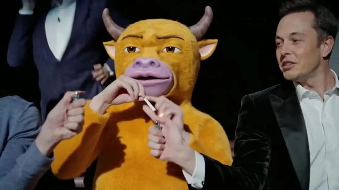 Video still from the Kling 4.0 character swap with the yellow bull character seated among the clip's original cast