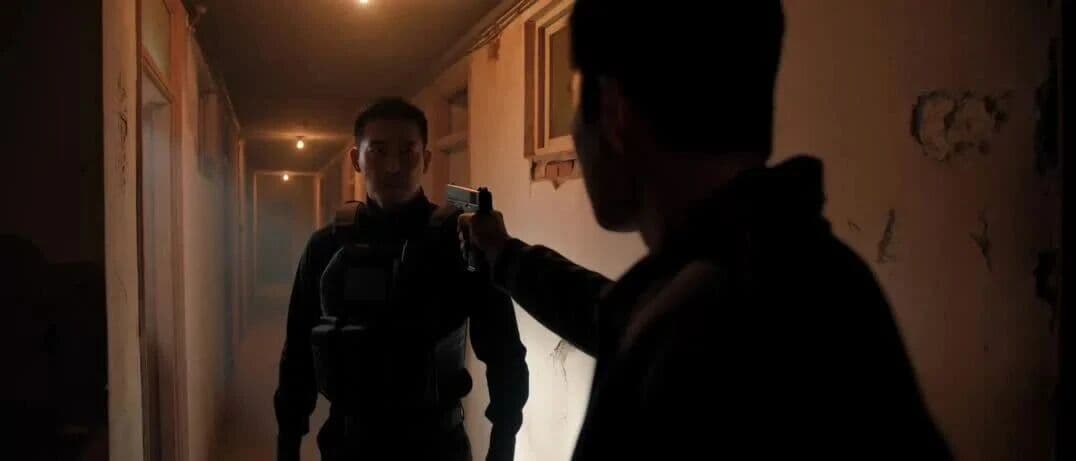 Video still from a Kling 4.0 apartment hallway fight scene with a man pointing a gun at an armored opponent