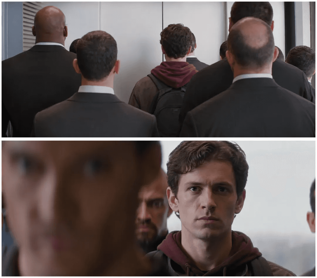 Two AI-prepared reference images of a crowded metal elevator and a young man in a maroon hoodie surrounded by men in suits