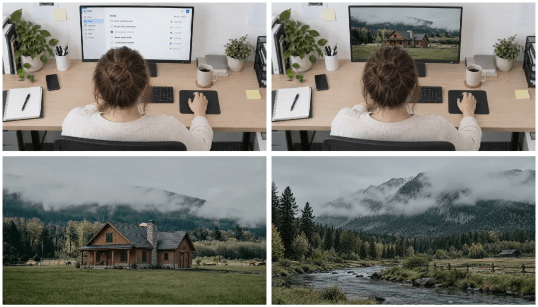 Four reference keyframes used in Kling 4.0: a woman at a desk, the same desk with a cabin on screen, a wooden cabin in a valley, and a mountain river landscape