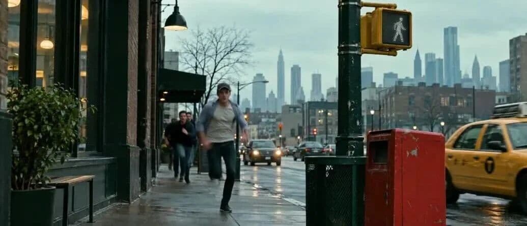 Video still from Kling 4.0 one-take chase scene showing the man running past a New York storefront with thugs behind him