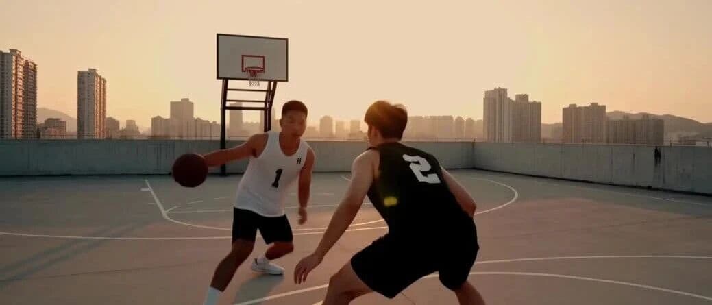 Video still from the Kling 4.0 rooftop basketball test with two players at sunset and a city skyline behind them