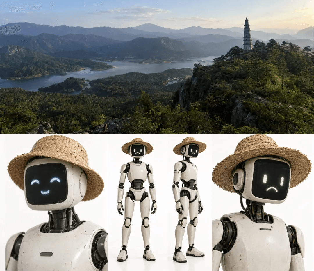 Reference images for the Kling 4.0 omnireference test: a misty mountain landscape with a stone pagoda, and a straw-hat robot shown smiling, standing, and frowning