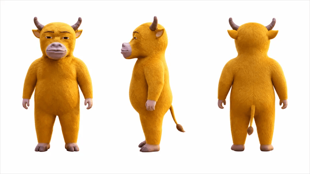 Three-view character sheet of a chubby yellow bull character used as a Kling 4.0 reference