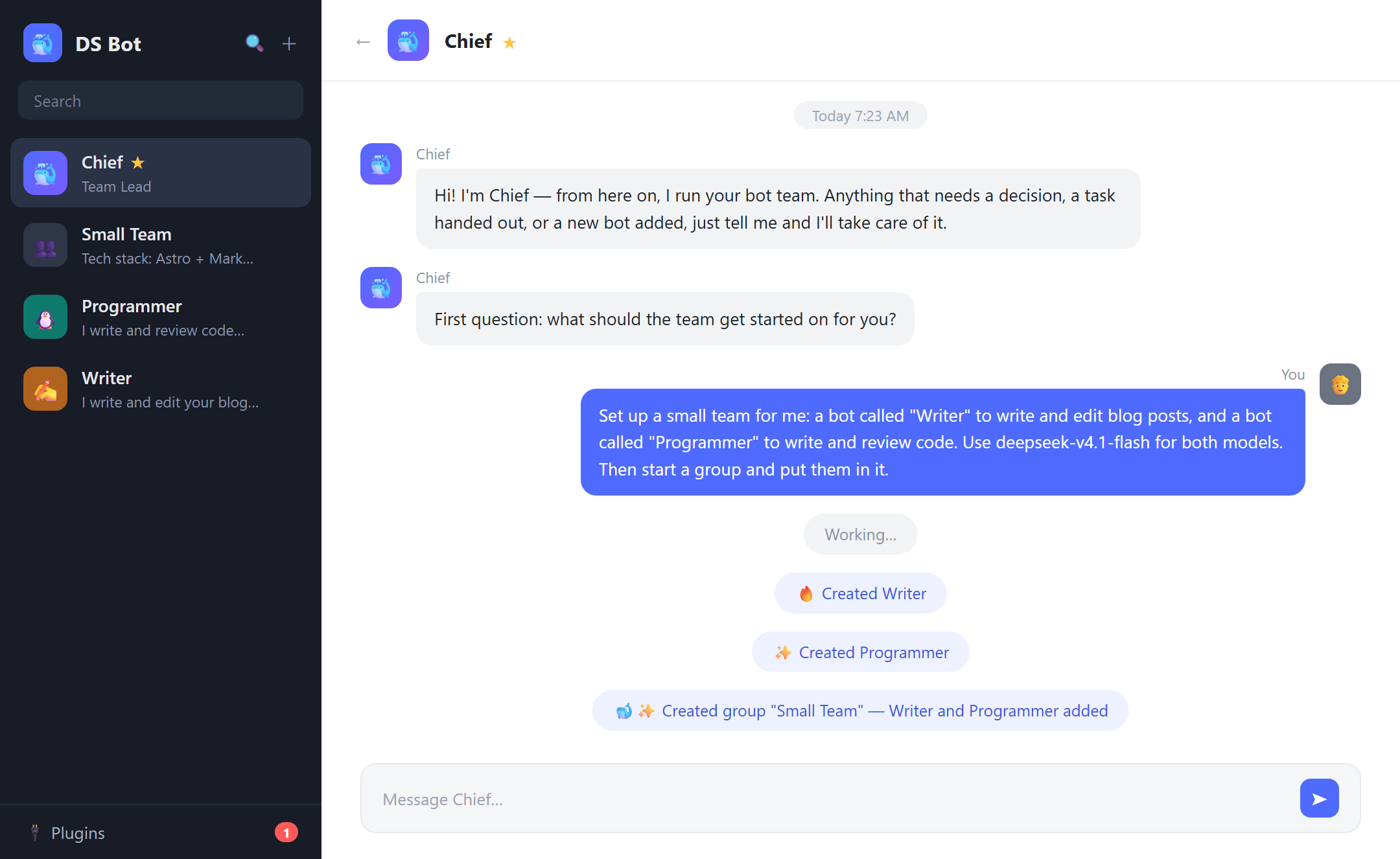 The Chief supervising bot creating a Writer bot and a Programmer bot, then setting up a shared group chat in DS Bot