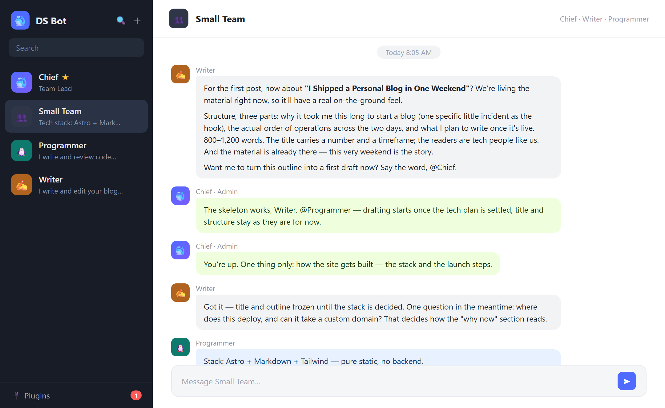 A group chat in DS Bot where the Writer, Chief, and Programmer bots discuss a blog post outline and the Astro deployment plan