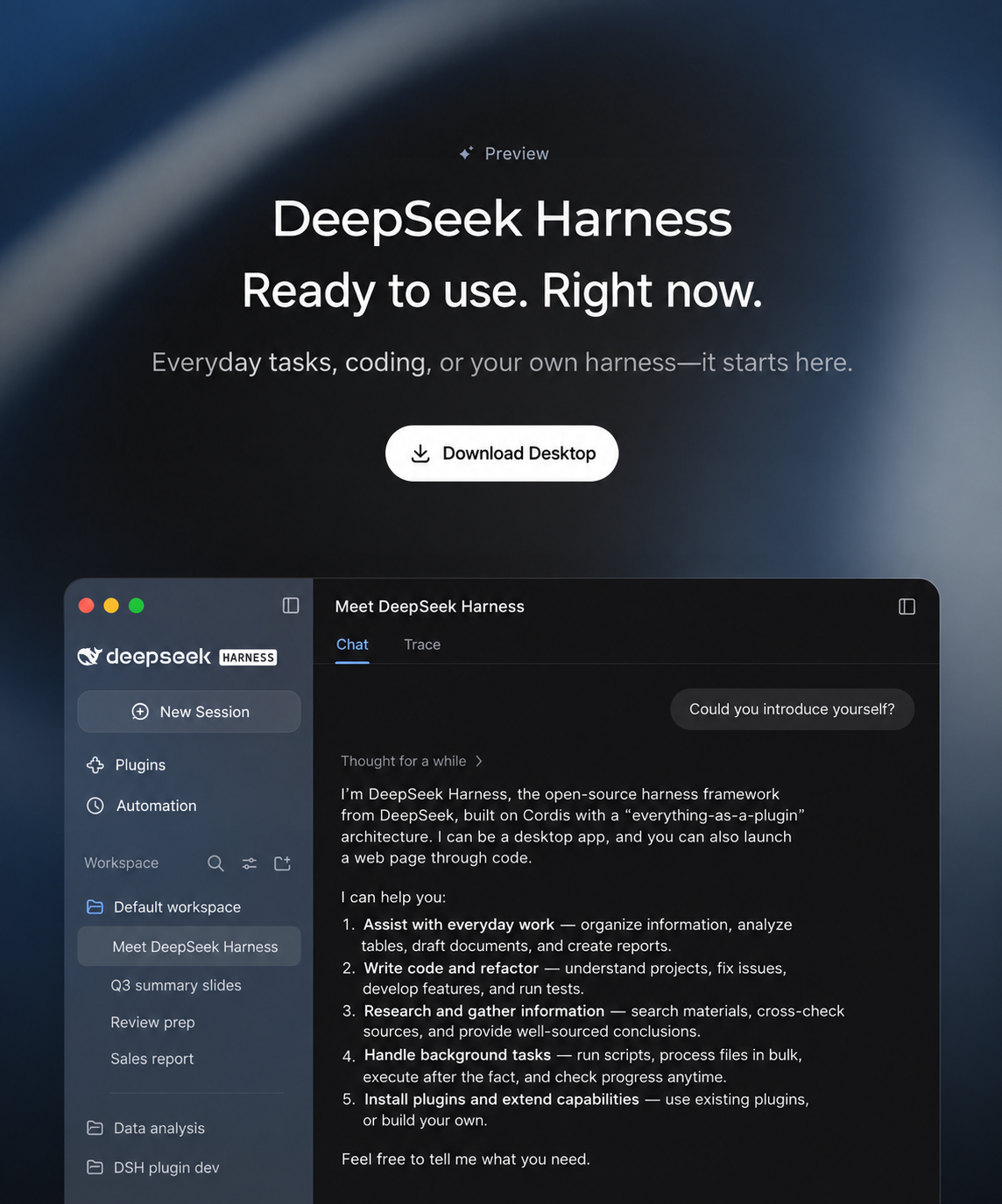 English-localized DeepSeek Harness desktop preview hero and application window