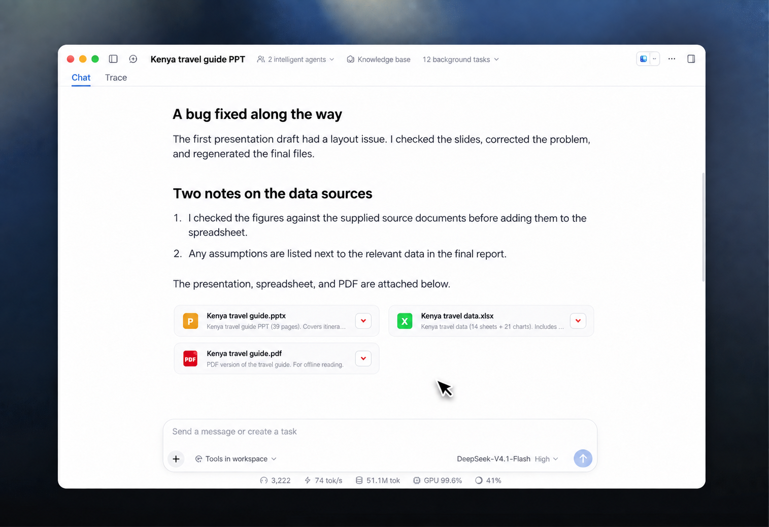 English-localized DeepSeek Harness conversation with generated presentation, spreadsheet, and PDF files