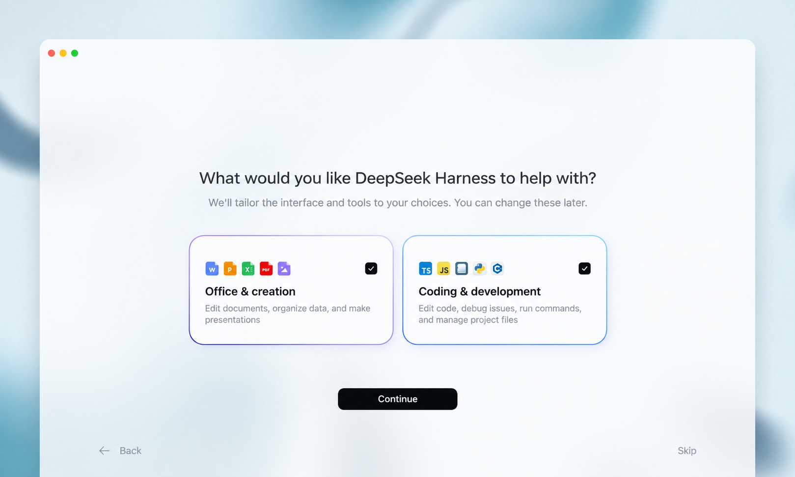 English-localized onboarding options for office work and coding