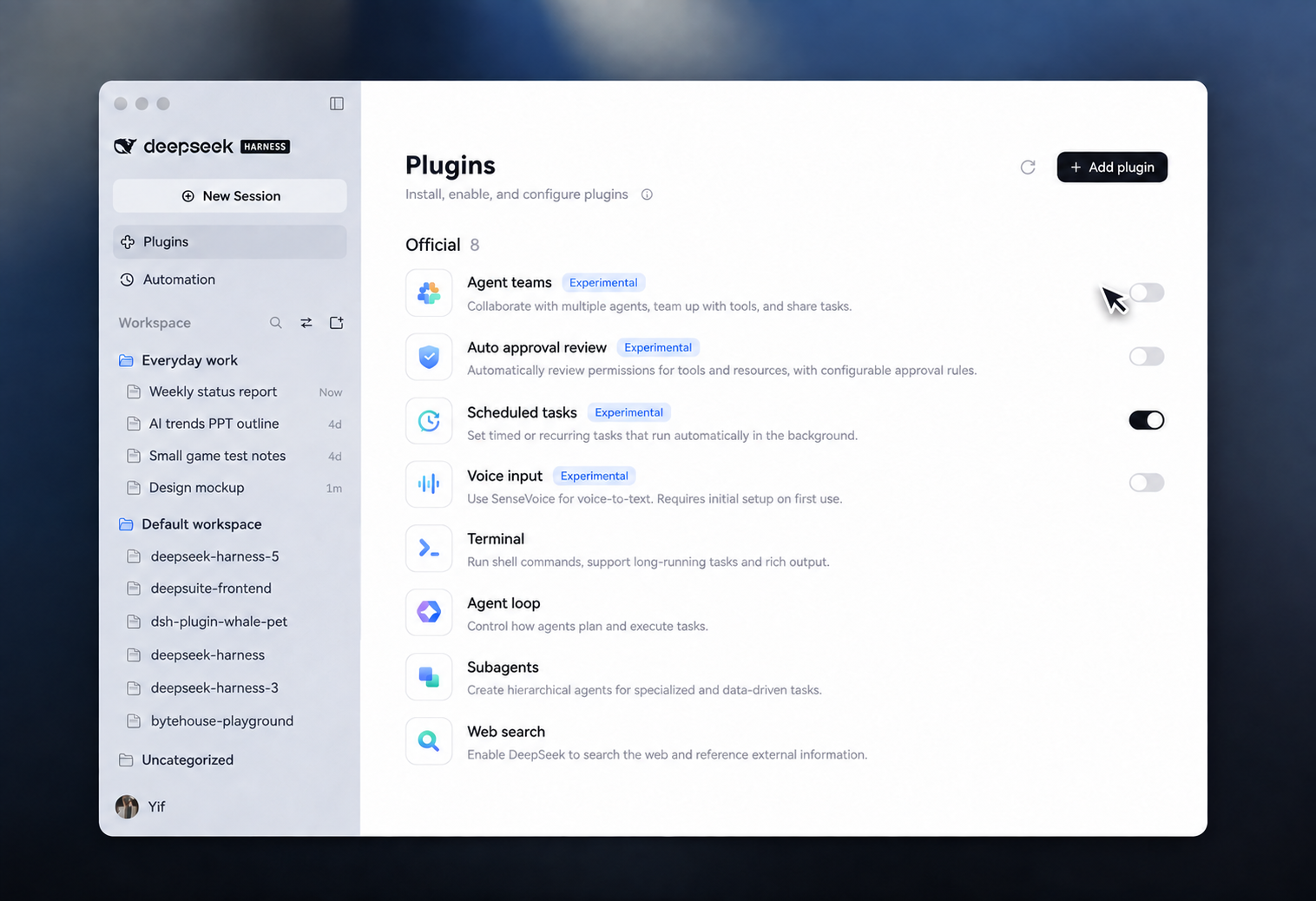 English-localized DeepSeek Harness plugin management page