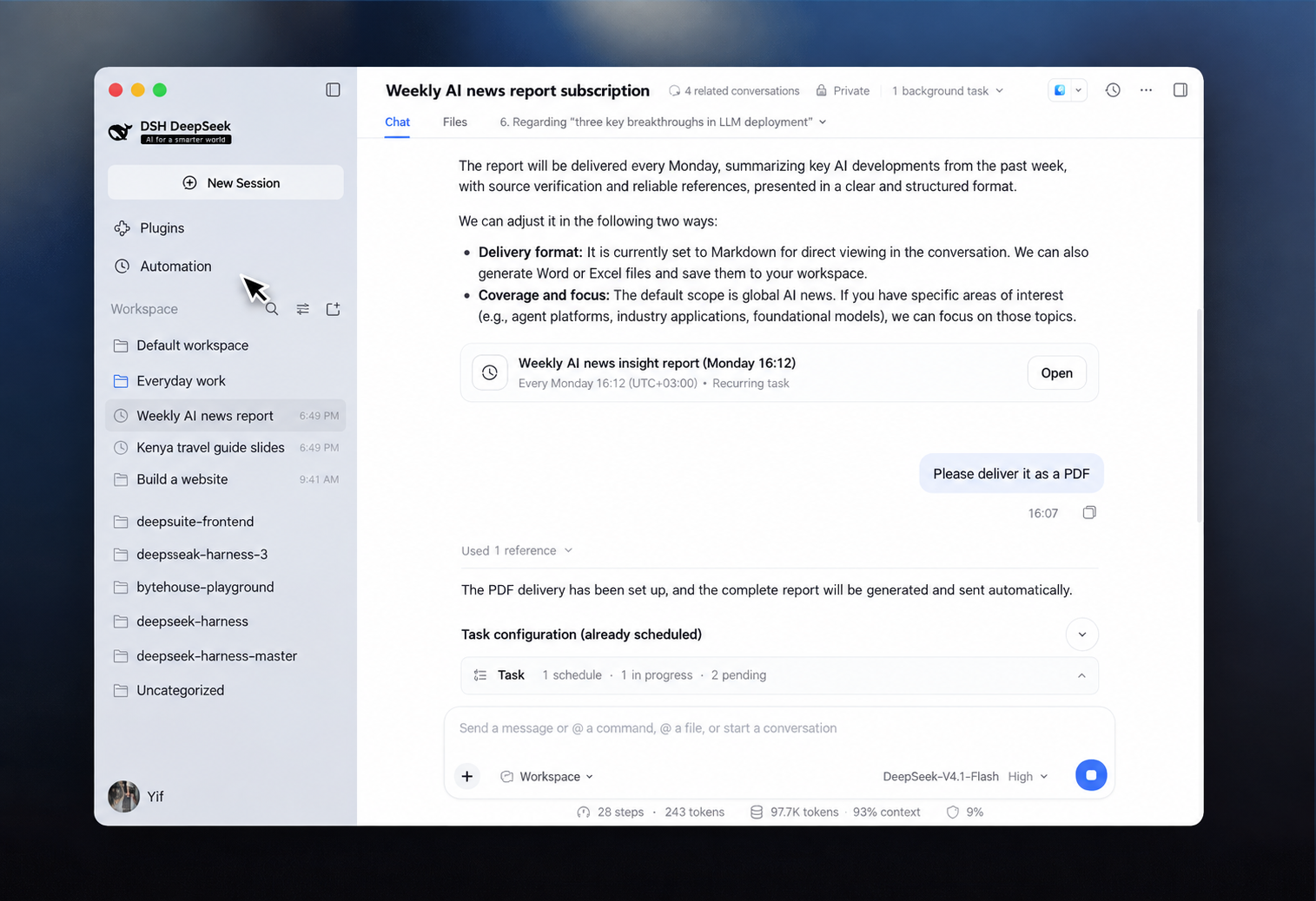 English-localized DeepSeek Harness recurring task card and conversation